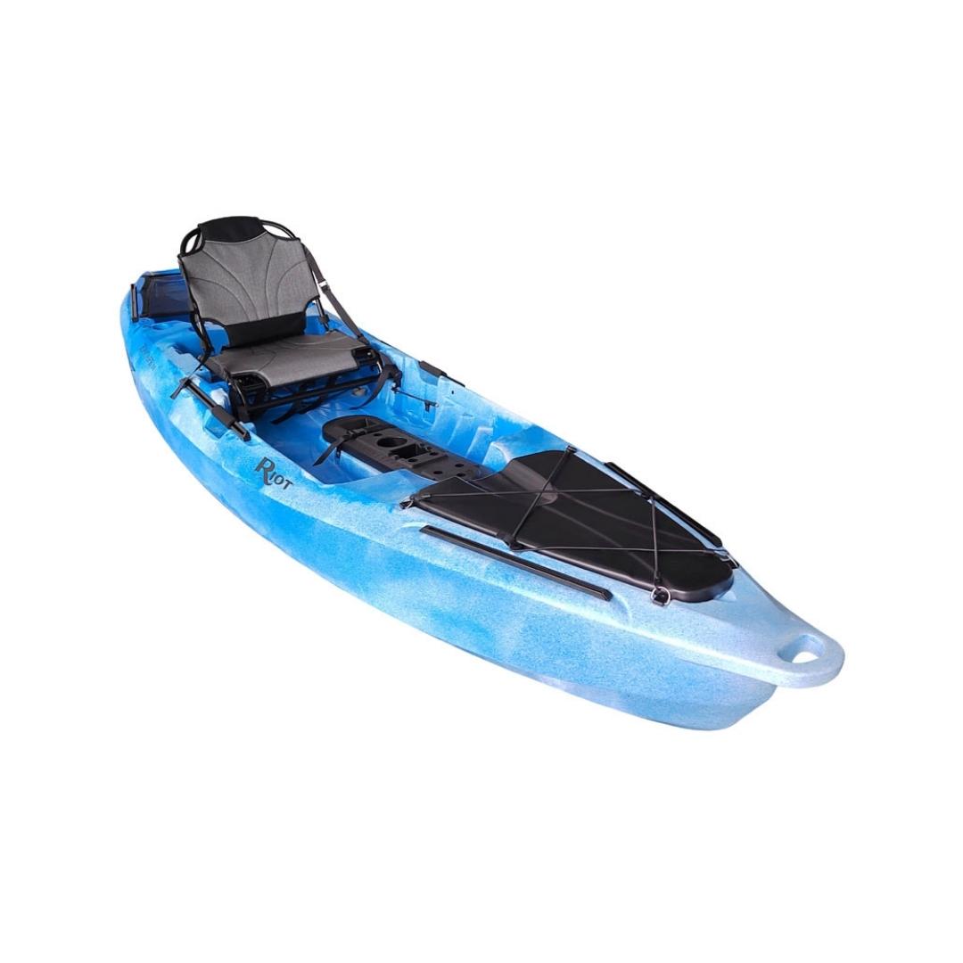 kayak rito escape 10 angler couleur skyvue du profil droit du kayak avec ses compartiements de rangements et son siège ajustable