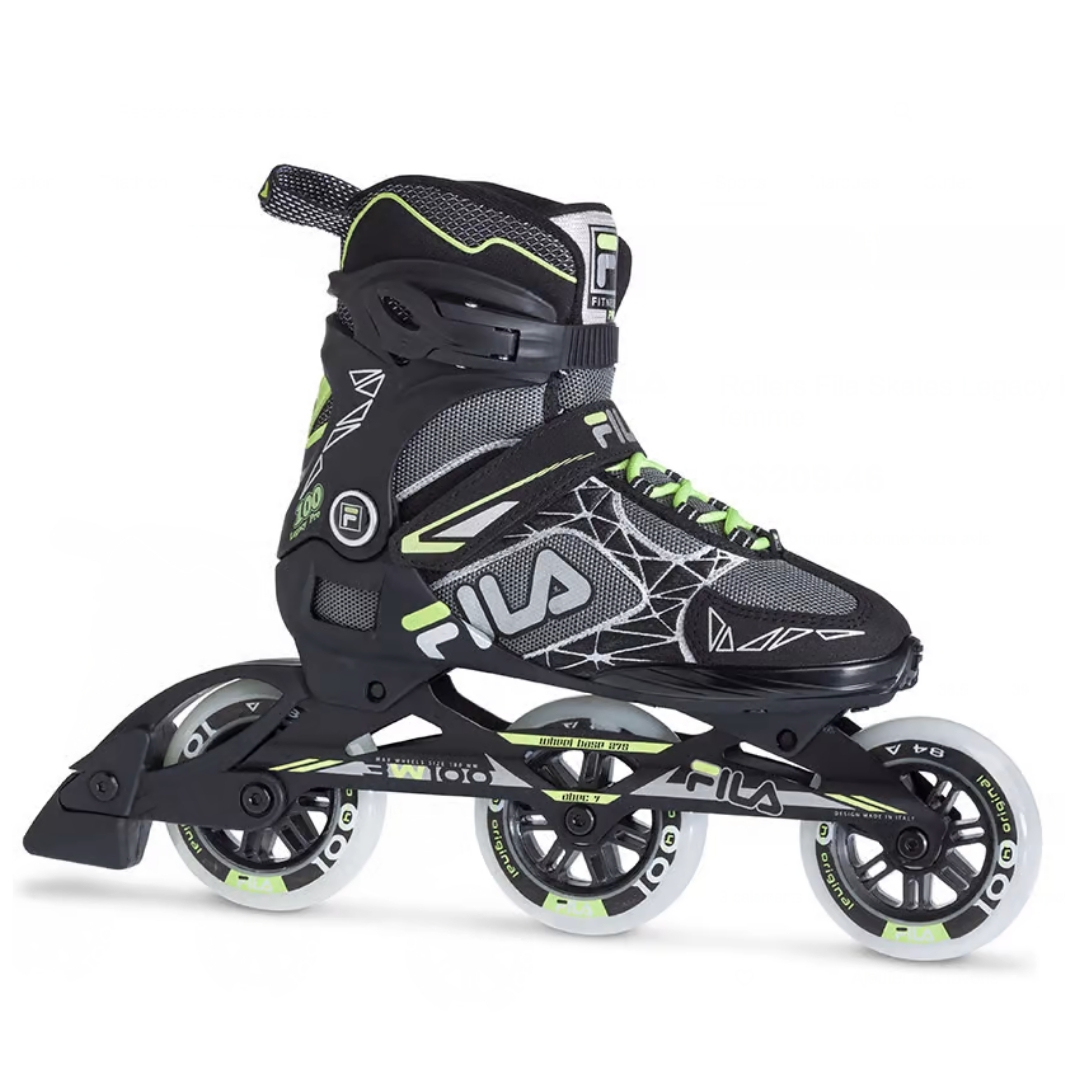 patins à roues alignées fila legacy pro 100 pour FEMME couleur black/GREY/WATER GREEN vue de profil droit du patin à 3 roues