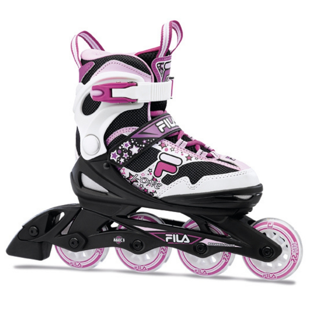 patins à roues alignées ajustables Fila J-One pour fille couleur black/magenta vue de profil du patin droit