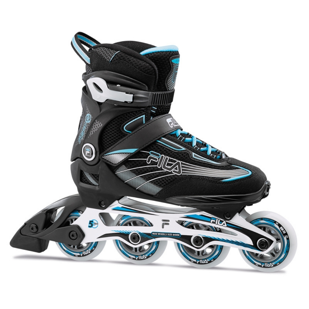 patin à roues alignées fila mizar 80 pour FEMMe couleur black LIGHT BLUE vue de profil du patin droit