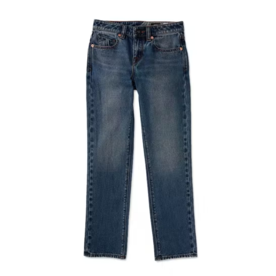 jeans volcom vorta denim pour garçon couleur middle broken blue vue du jeans seul à plat vue de face avec les 3 poches avant visibles
