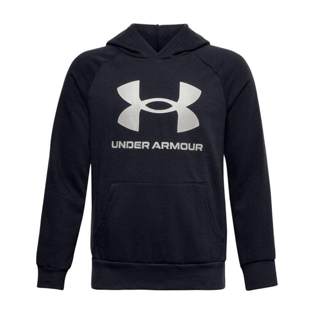 chandail à capuche under armour rival fleece hoodie pour garçon couleur black/onyx white vue d'avant avec logo géant au devant et poche kangourou visible également