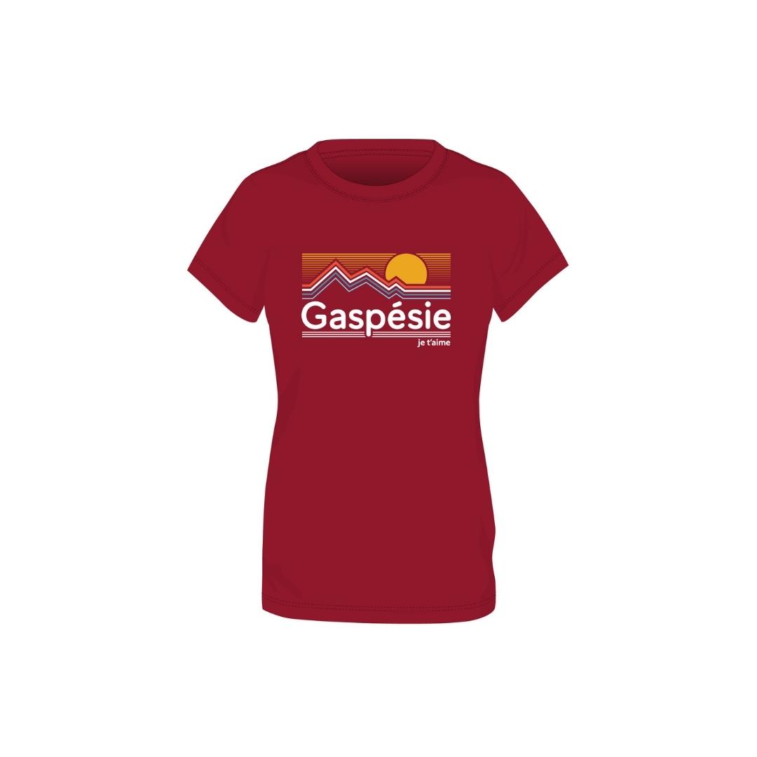 t-shirt gaspésie je t'aime logo Sunrise pour femme couleur cardinal vue du chandail à plat de face