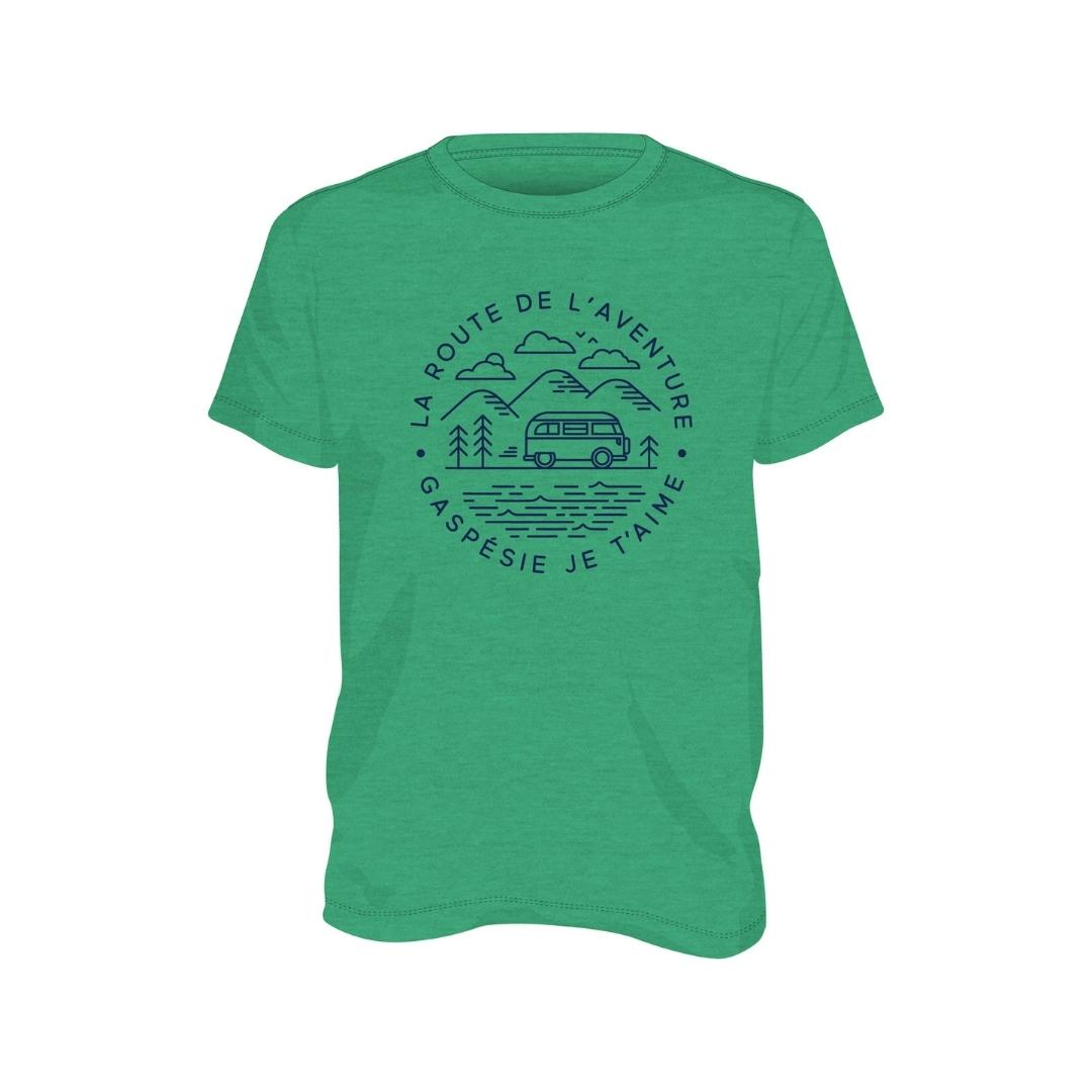 t-shirt gaspésie je t'aime logo Vanlife pour homme couleur vert irlandais chandail à plat vu de face
