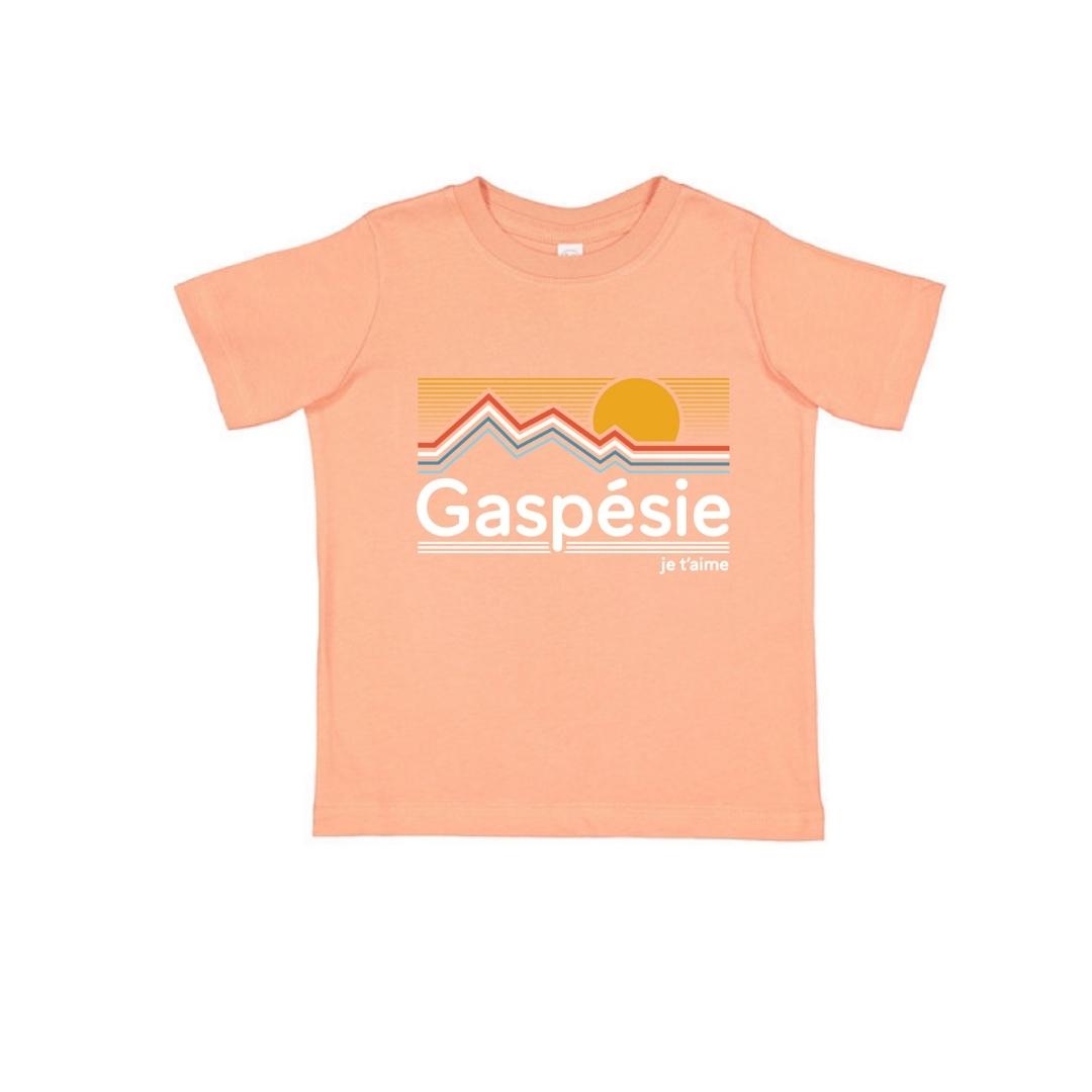 t-shirt gaspésie je t'Aime logo sunrise pour enfant couleur orange chandail à plat vu de face