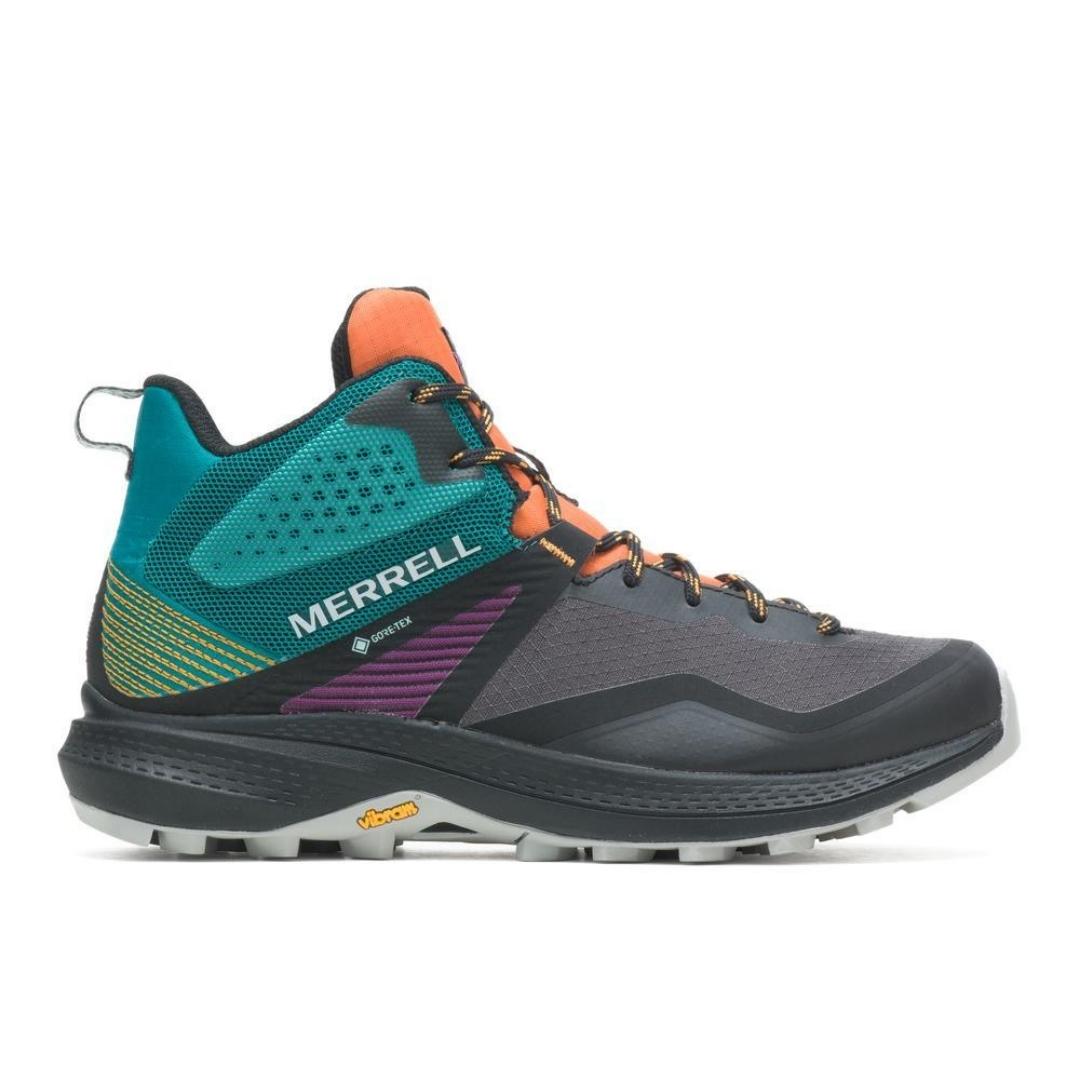 soulier de multisport merrell mqm 3 mid gtx pour femme couleur tangerine/teal profil droit du soulier droit avece logo merrell en vue