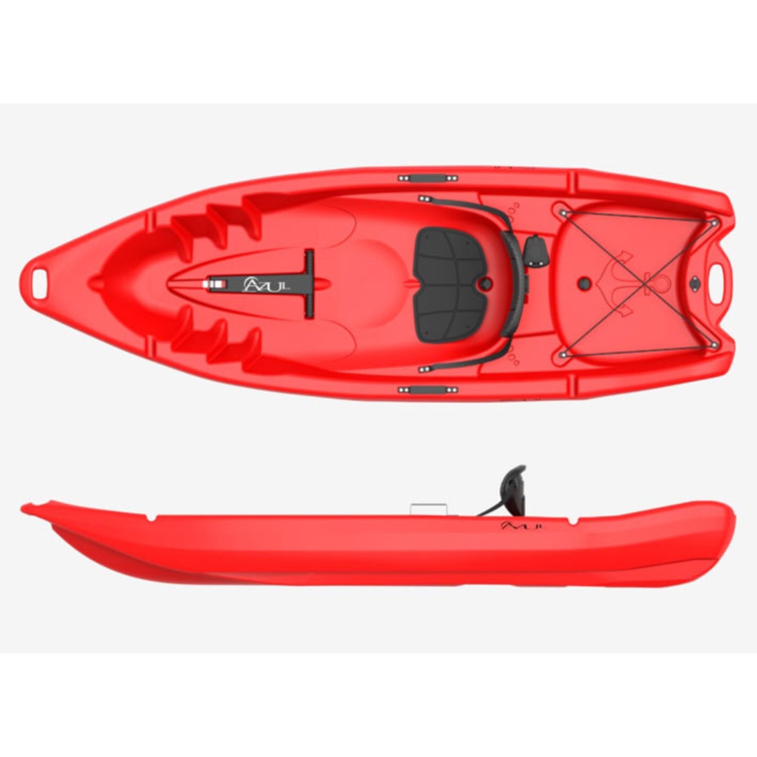 KAYAK AZUL SUN 80 DUO couleur rouge vue du dessus et du profil du kayak à un siège