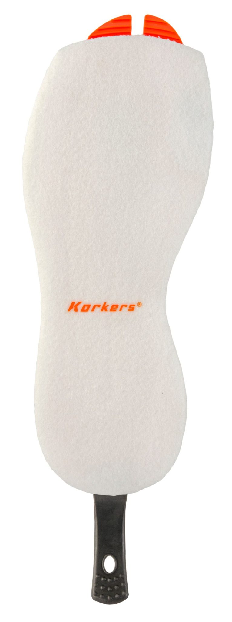Feutre blanc avec bout orange. Écriture Korkers au centre de la semelle en écritaux orange. Languette noir avec trou à l'extrémité pour un changement facile.