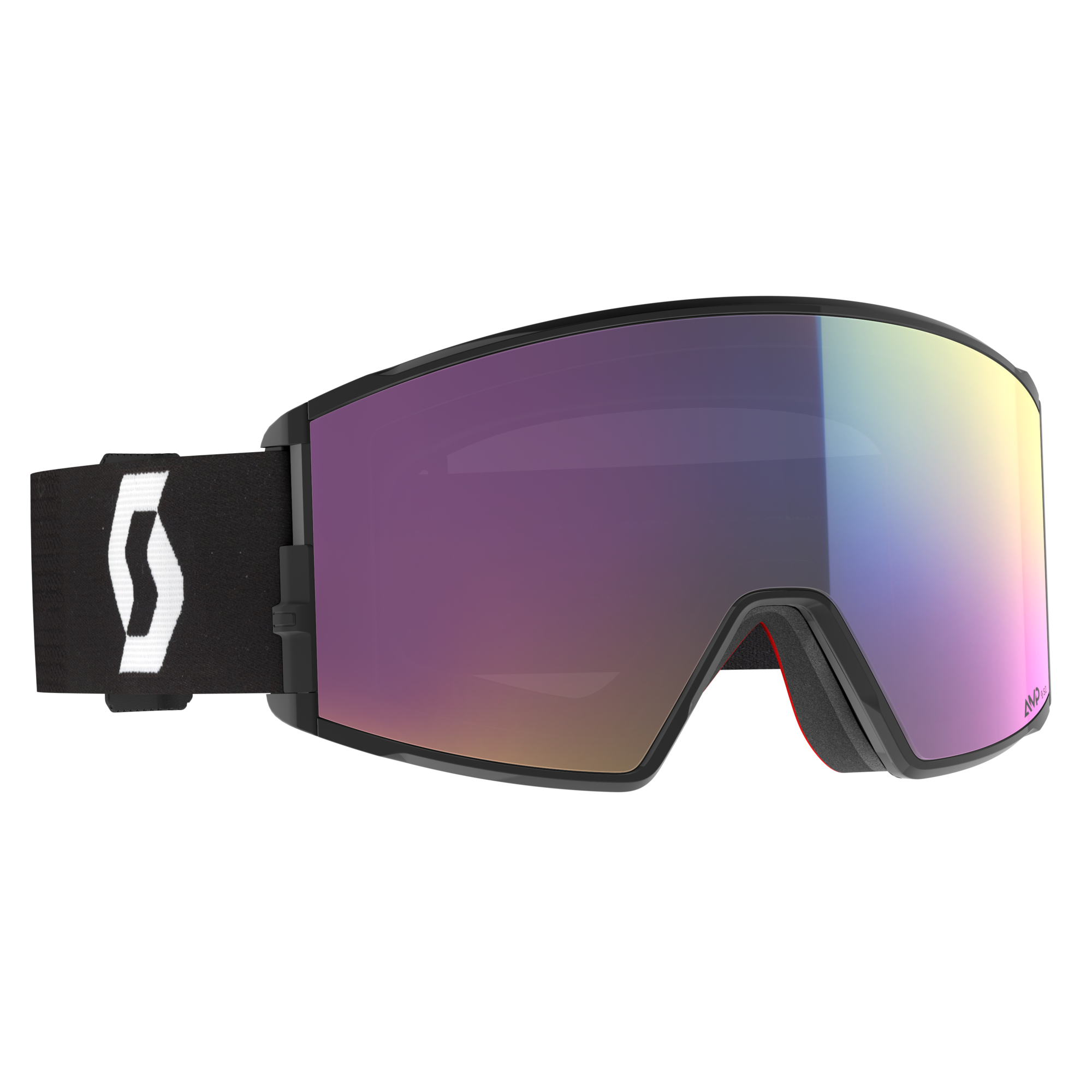 Une paire de lunettes de ski élégantes avec une lentille réfléchissante multicolore. La sangle noire présente un logo blanc audacieux et les lunettes ont un design moderne avec une monture minimaliste.