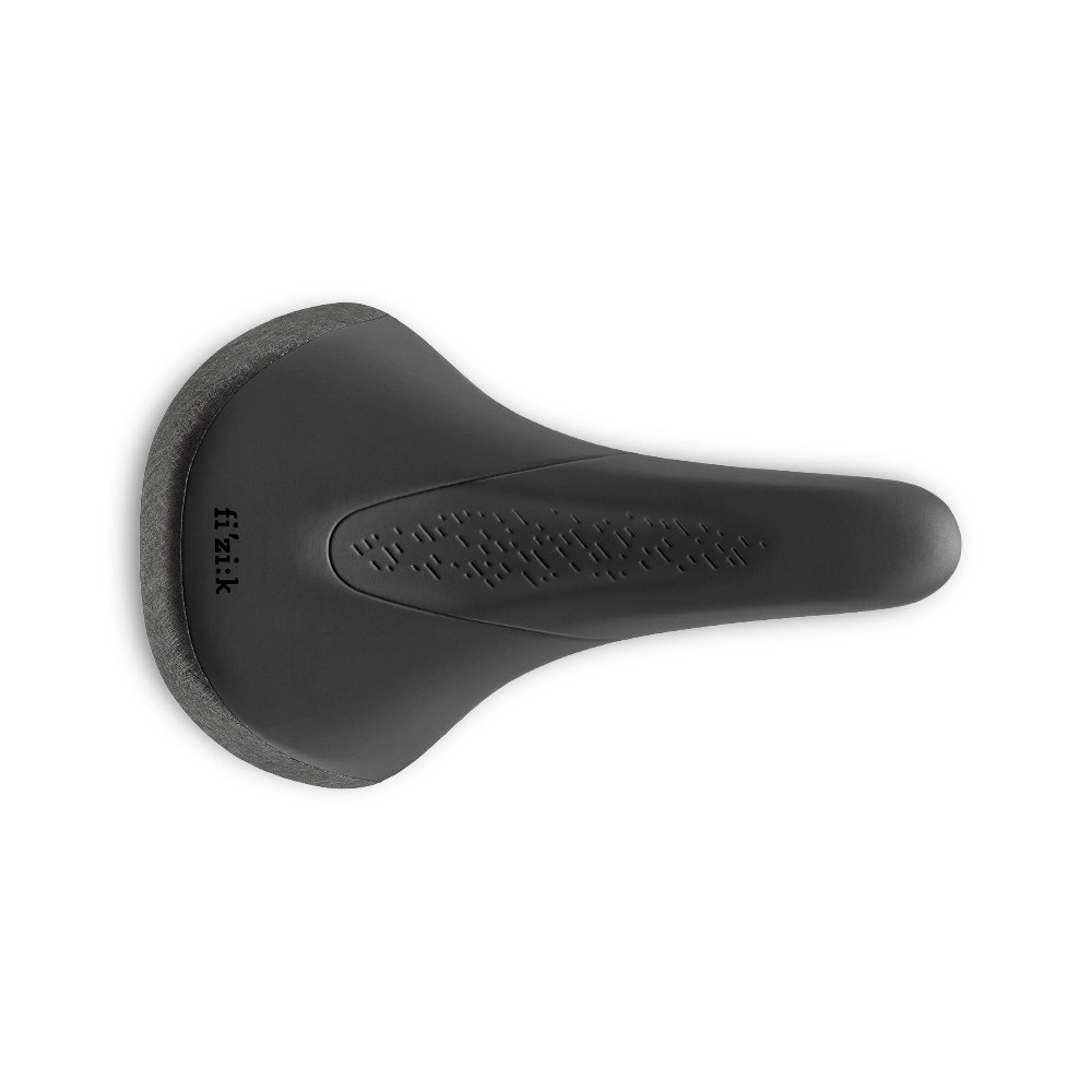 Vue de dessus d'une selle de vélo Fizik noire et élégante avec un profil légèrement incurvé et une zone texturée au milieu pour une meilleure adhérence. La selle offre un design minimaliste axé sur le confort et la performance.