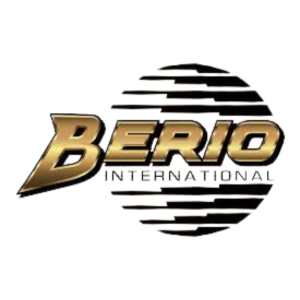 Logo comportant le texte « BERIO INTERNATIONAL » en doré avec un globe stylisé à rayures horizontales noires et blanches derrière. Le mot « BERIO » est proéminent et en gras, légèrement incliné vers le haut.