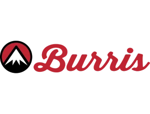 Logo de Burris. Le logo représente le nom « Burris » en caractères cursifs rouges. À gauche du texte se trouve un cercle rouge avec un sommet de montagne blanc et un fond noir à l'intérieur.