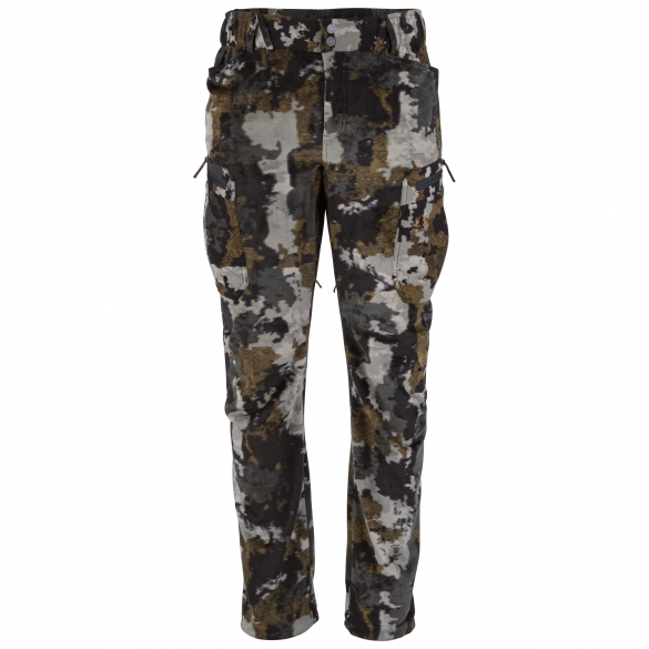 Pantalon camouflage avec une combinaison de motifs noirs, marron, gris et blancs. Le pantalon possède plusieurs poches et une fermeture à bouton à la taille.