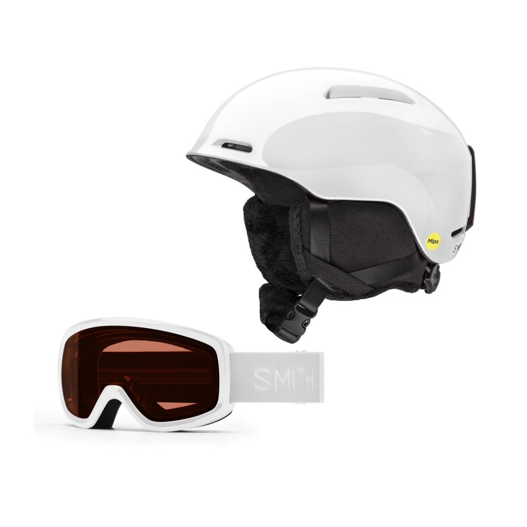 COMBO CASQUE ET LUNETTE DE SKI SMITH GLIDE JR.MIPS/ SNOWDAY POUR ENFANT COULEUR WHITE VU DU CASQUE GLIDE JR MIPS BLANC ET NOIR AINSI QUE LA LUNETTE BLANCHE AVEC LENTILLE RC36 ROUGE ORANGÉE