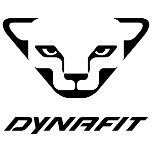 Logo de Dynafit représentant un visage de léopard des neiges blanc stylisé avec des détails noirs, au-dessus du nom de la marque « DYNAFIT » en lettres noires, en italique et en gras.