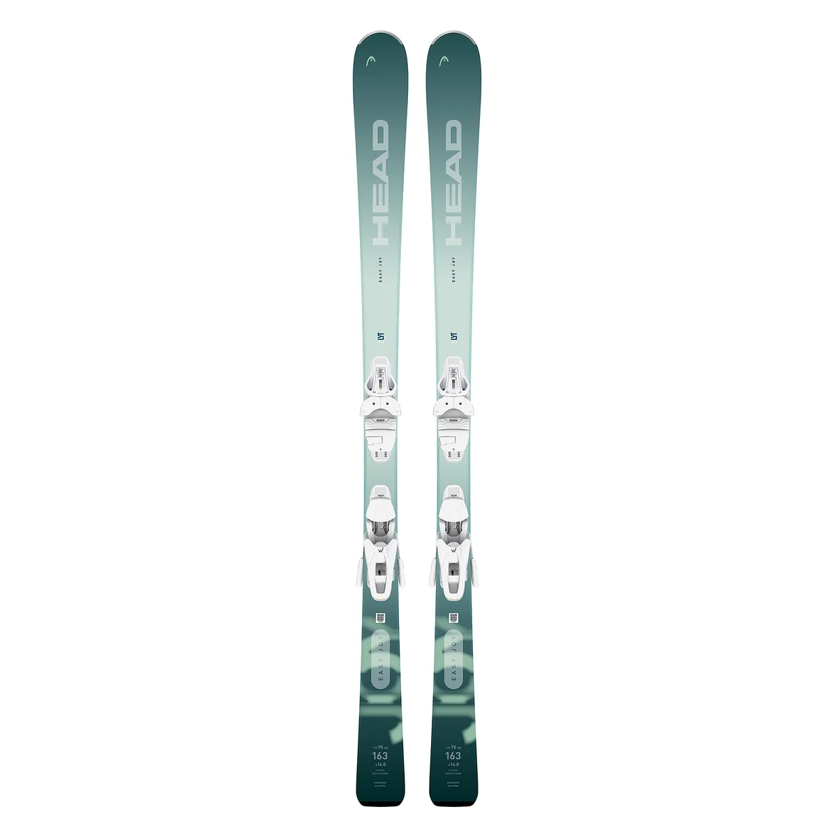 Une paire de skis HEAD verts avec fixations. Les skis présentent un design dégradé avec le logo du fabricant bien visible sur le dessus. Les fixations sont blanches et grises, situées près du centre de chaque ski.