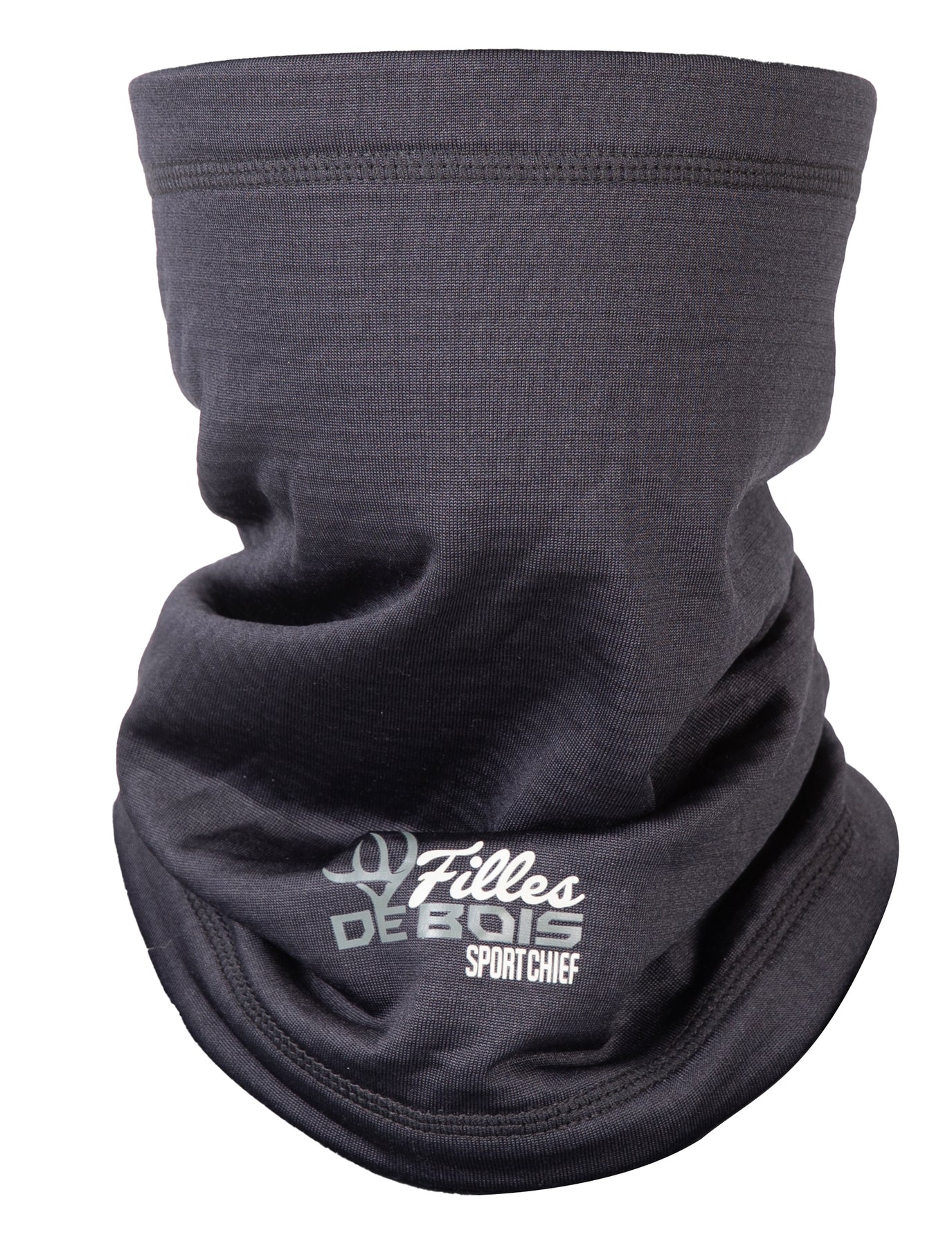 Cache-cou noir avec le logo "Filles DEBOIS" et le texte "SPORT CHIEF" imprimés en blanc sur la partie inférieure. Le tissu est lisse et extensible, conçu pour apporter chaleur et protection.