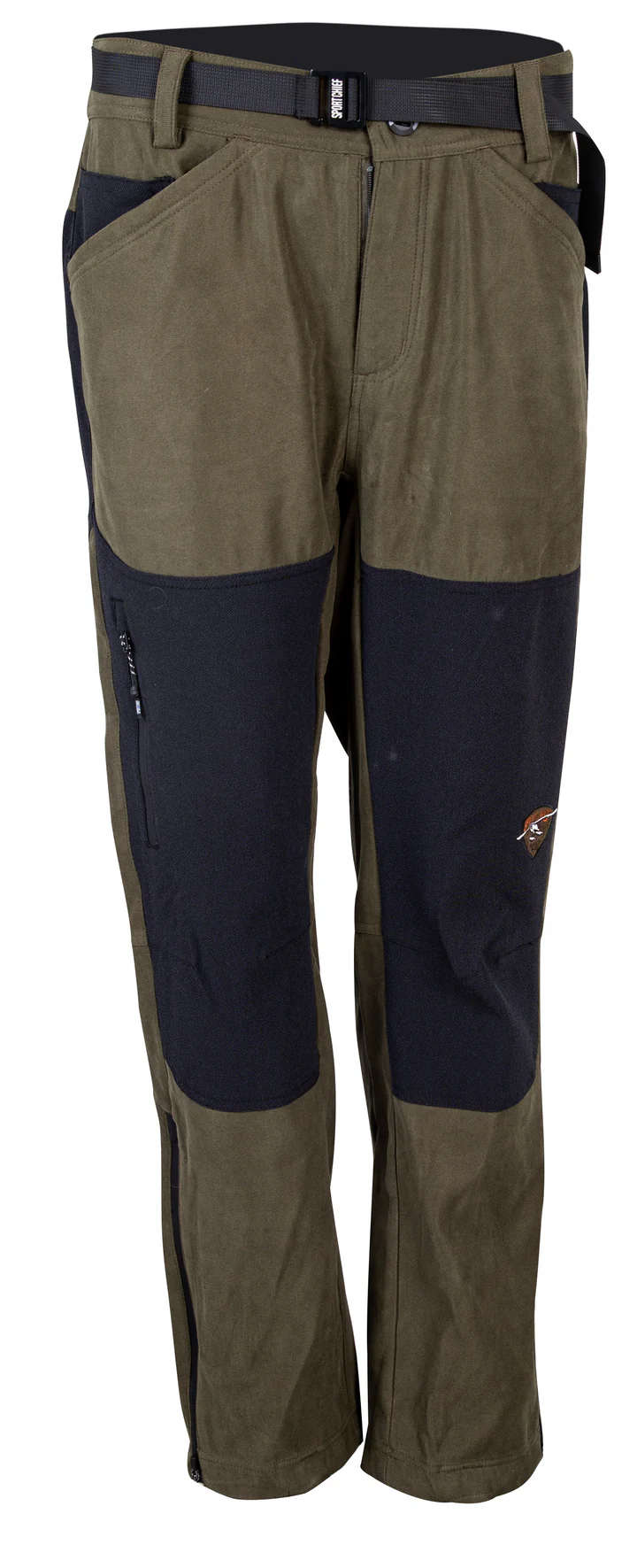 Pantalon d'extérieur vert olive et noir avec renforts au niveau des genoux et du siège. Le pantalon possède plusieurs poches, dont une poche latérale zippée, et est équipé d'une ceinture intégrée. Il est conçu pour la durabilité et le confort lors des activités de plein air.