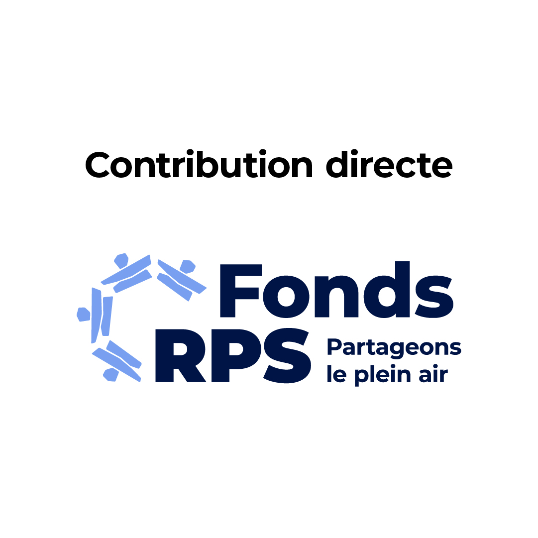 Image comportant le texte « Contribution au Fonds RPS » en haut. En dessous, on retrouve un logo avec des chiffres formant un cercle et le texte « Fonds RPS Partageons le plein air ». Le logo du Fonds RPS combine plusieurs nuances de bleu. Le fond est blanc.