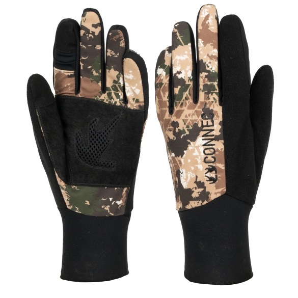 Paire de gants camouflage avec motif camouflage numérique et touches noires. Le gant droit arbore un petit logo représentant un oiseau. Les gants sont également dotés de paumes noires texturées pour une meilleure adhérence et de bouts de doigts compatibles avec les écrans tactiles.