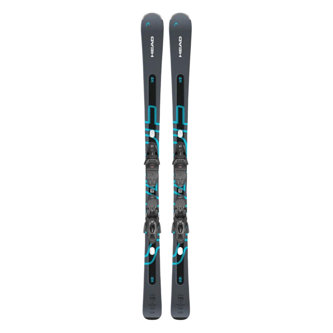 Paire de skis Head noirs aux détails design bleus et blancs, équipés de fixations intégrées. Les skis sont positionnés côte à côte sur un fond blanc uni.