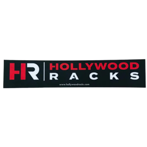 Un logo avec « HR » en rouge et blanc sur fond noir, suivi de « HOLLYWOOD RACKS » en lettres majuscules et grasses. Le site Internet « www.hollywoodracks.com » apparaît en petit texte ci-dessous.