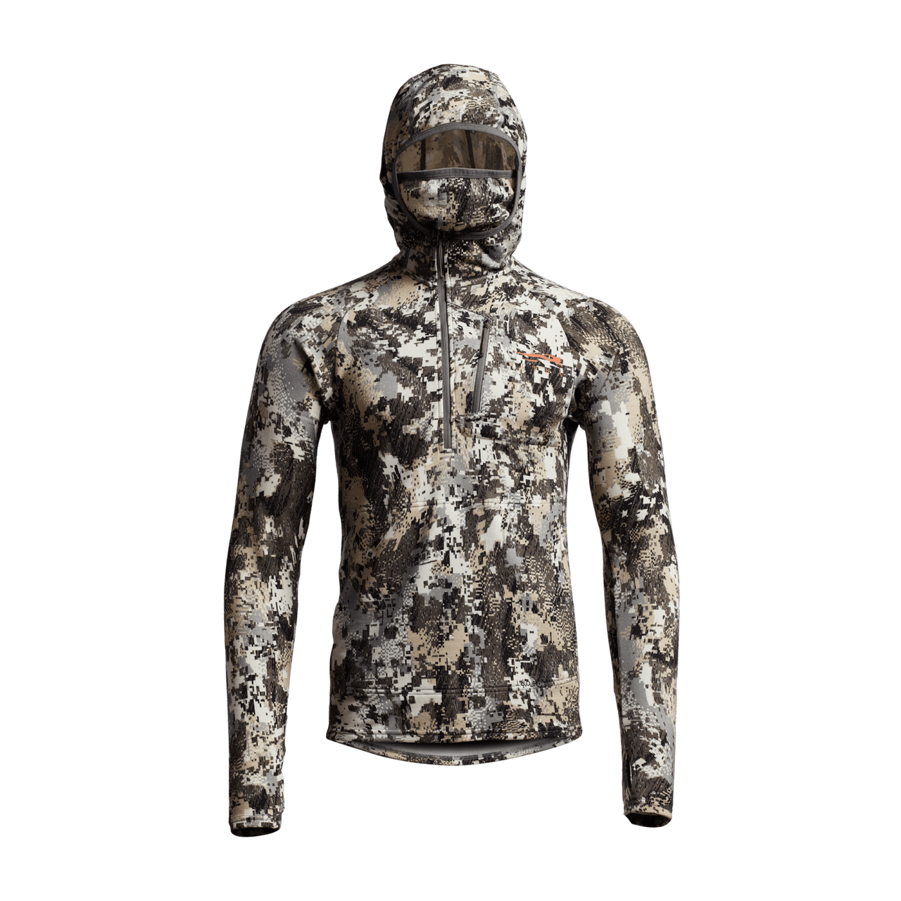 A lightweight and breathable hunting hoodie in shades of brown and green, featuring a hood, a moisture-wicking merino wool interior, and flatlock seams for chafe-free comfort.