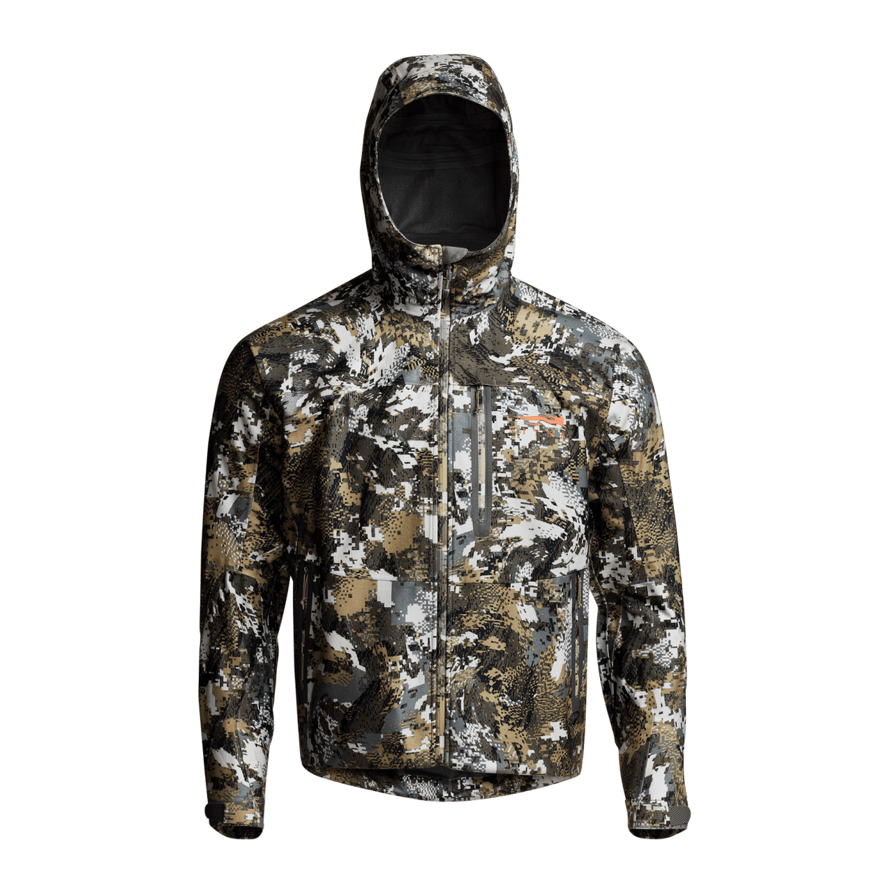 Un manteau SITKA Downpour en camouflage Elevated gris et brun. Logo SITKA sur la poitrine gauche, plusieurs poches, ajustements et un capuchon.