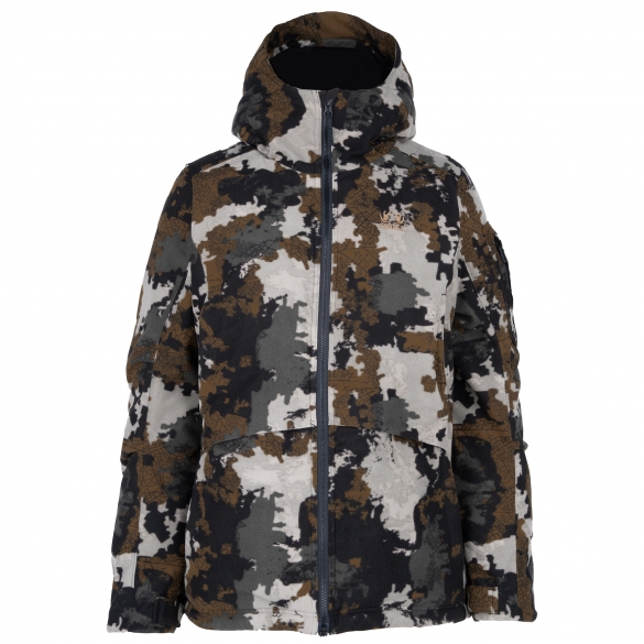 Une veste d'hiver imperméable et isolante avec un motif camouflage dans les tons de noir, blanc, gris et marron. La veste est dotée d'une capuche, d'une fermeture éclair sur toute la longueur et de plusieurs poches, offrant à la fois fonctionnalité et style pour les conditions climatiques froides.