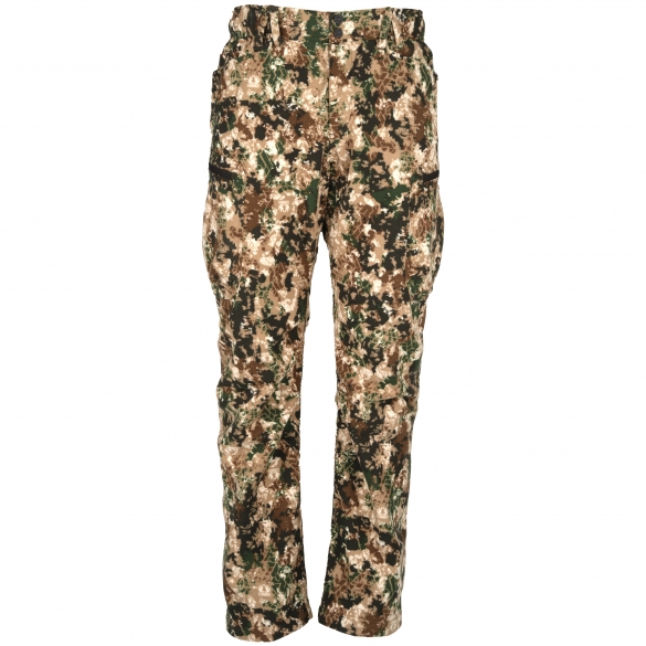 Un pantalon camouflage aux nuances variées de vert, de marron et de beige. Le pantalon a une coupe ample avec une ceinture élastique et de multiples poches sur les côtés. Le motif camouflage mélange des tons terreux, destiné à une utilisation en extérieur et dans la nature.