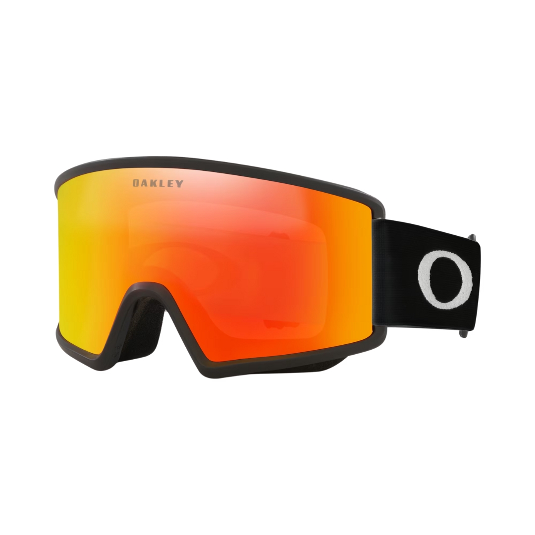 Une paire de lunettes de ski avec des verres teintés orange, une monture noire et une sangle noire avec un logo « O » blanc sur le côté.