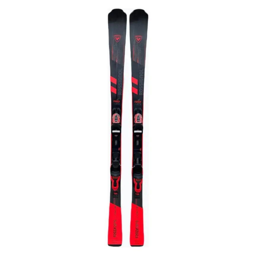SKI ALPIN ET FIXATION ROSSIGNOL FORZA 20D S XP10 POUR HOMME vue des skis noirs et rouge et fix du dessus