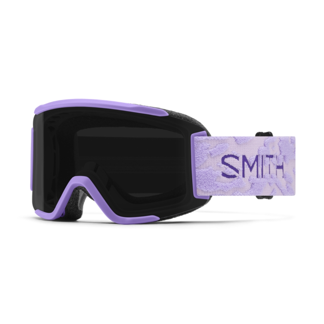 LUNETTE DE SKI ALPIN SMITH OPTICS SQUAD S POUR ADULTE couleur PERI DUST PEEL/CHROMAPOP SUN BLACK vue de la lunette lilas avec lentille noire et bande élastique lilas à motif ton sur ton lettrée violette de profil avant gauche