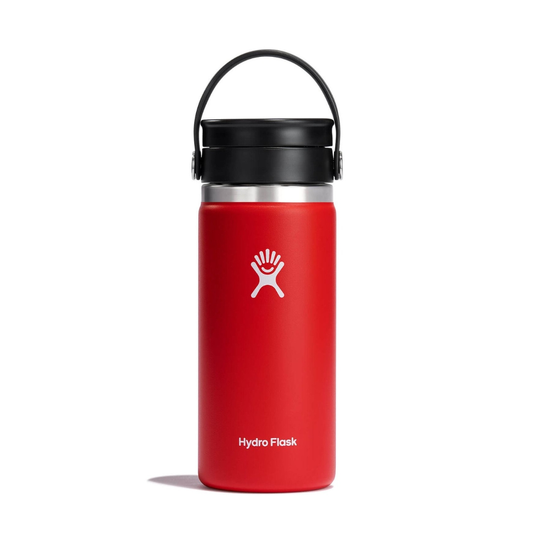 BOUTEILLE ISOTHERME À CAFÉ HYDRO FLASK AVEC COUVERCLE FLEX SIP 16OZ VU DE LA BOUTEILLE ROUGE ORANGÉE DE FACE