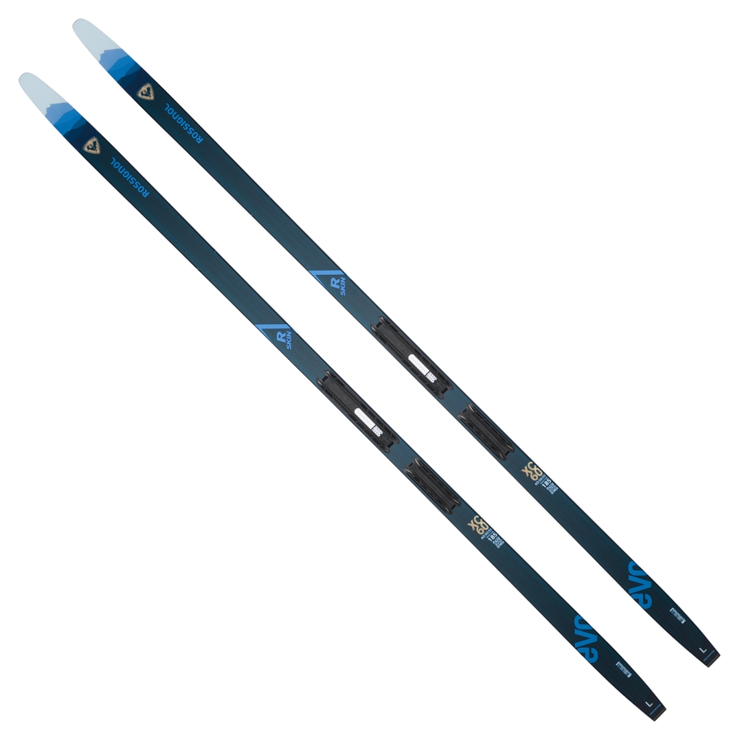 SKI DE FOND ROSSIGNOL EVO XC 60 R-SKIN CONTROL SI vue des skis noirs, bleus et blanc du dessus