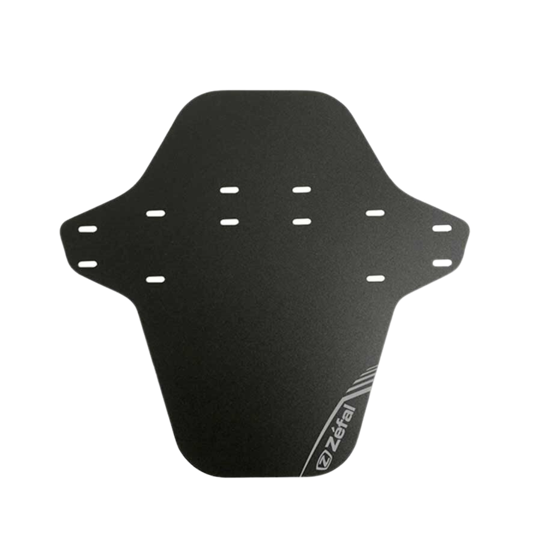 GARDE BOUE FLEXIBLE ZÉFAL DEFLECTOR LITE XL couleur black vu du dessus le gardeboue est entièrement noir à l'exeption du nom et logo Zéfal au bas droit du gardeboue, imprimé en gris pale. On voit les perforations pour son installation