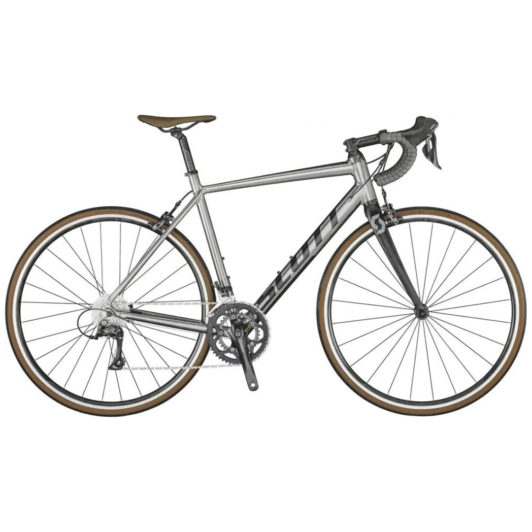 VÉLO DE ROUTE SCOTT SPEEDSTER 30 (2021) couleur chrome vue de profil du vélo chrome métallique lettré gris foncé
