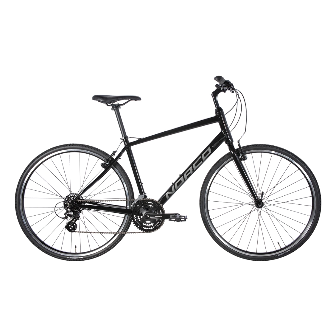 VÉLO HYBRIDE NORCO VFR 2 couleur black/charcoal vu du profil du vélo noir lettré charcoal