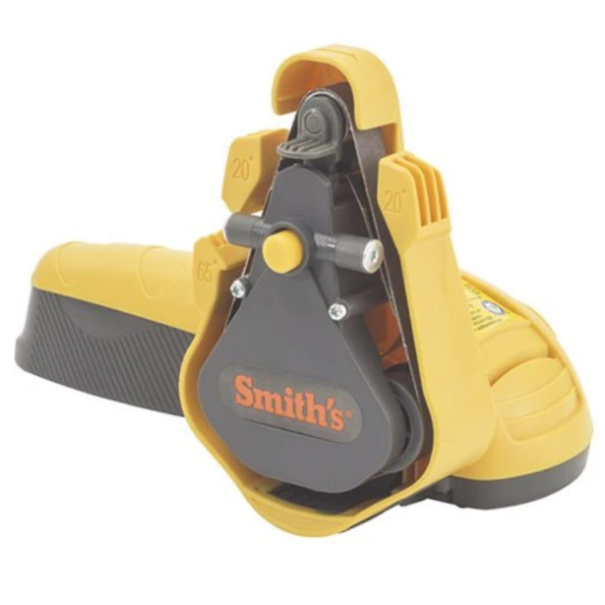 L'affûteuse électrique Smith's pour couteaux et ciseaux, conçue pour rendre l'affûtage facile et convivial. Profitez des 3 bandes abrasives (fine, moyenne et épaisse) incluses dans l'aiguiseur de couteaux et de ciseaux Smith's.  Couleur jaune et grise avec logo Smith's de couleur orange.