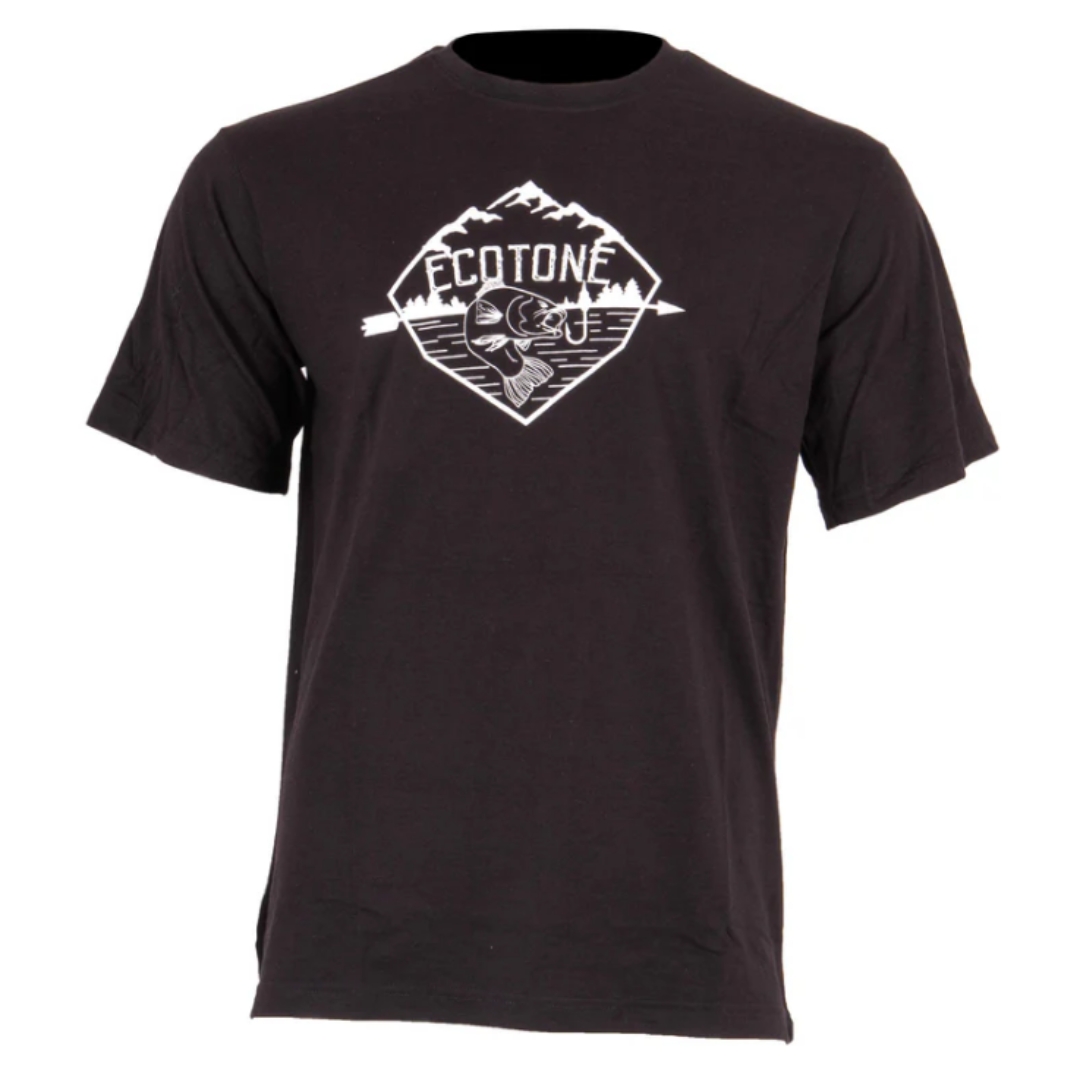 Le t-shirt Ecotone homme Noir de la nouvelle collection 2023 est un chandail à manches courtes en coton et polyester abordant un logo avec poisson et écriture Ecotone de type rond devant le chandail de couleur blanc.