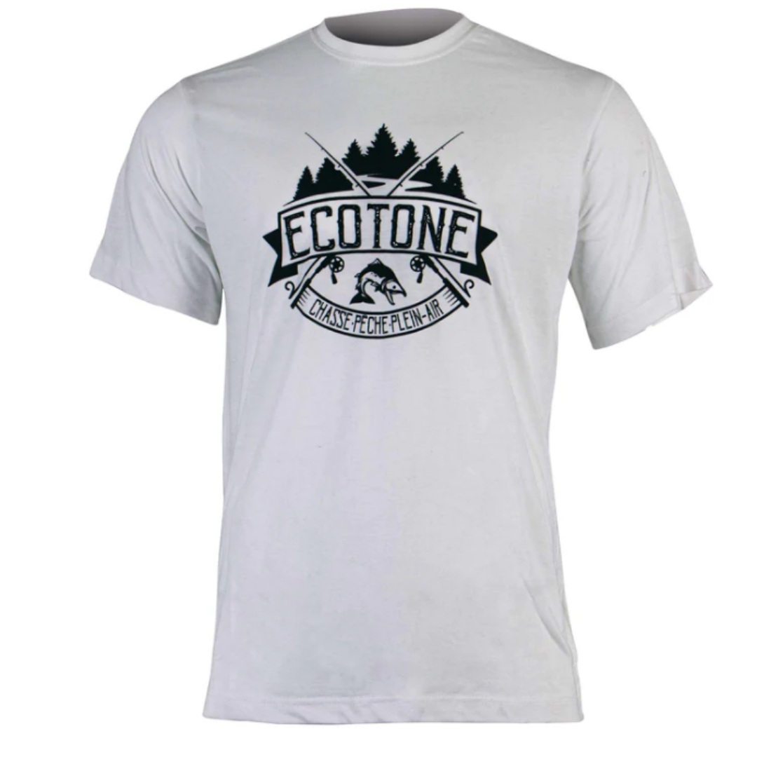 Le t-shirt Ecotone homme BLANC de la nouvelle collection 2023 est un chandail à manches courtes en coton et polyester abordant un logo avec poisson et écriture Ecotone de type rond devant le chandail de couleur noire.