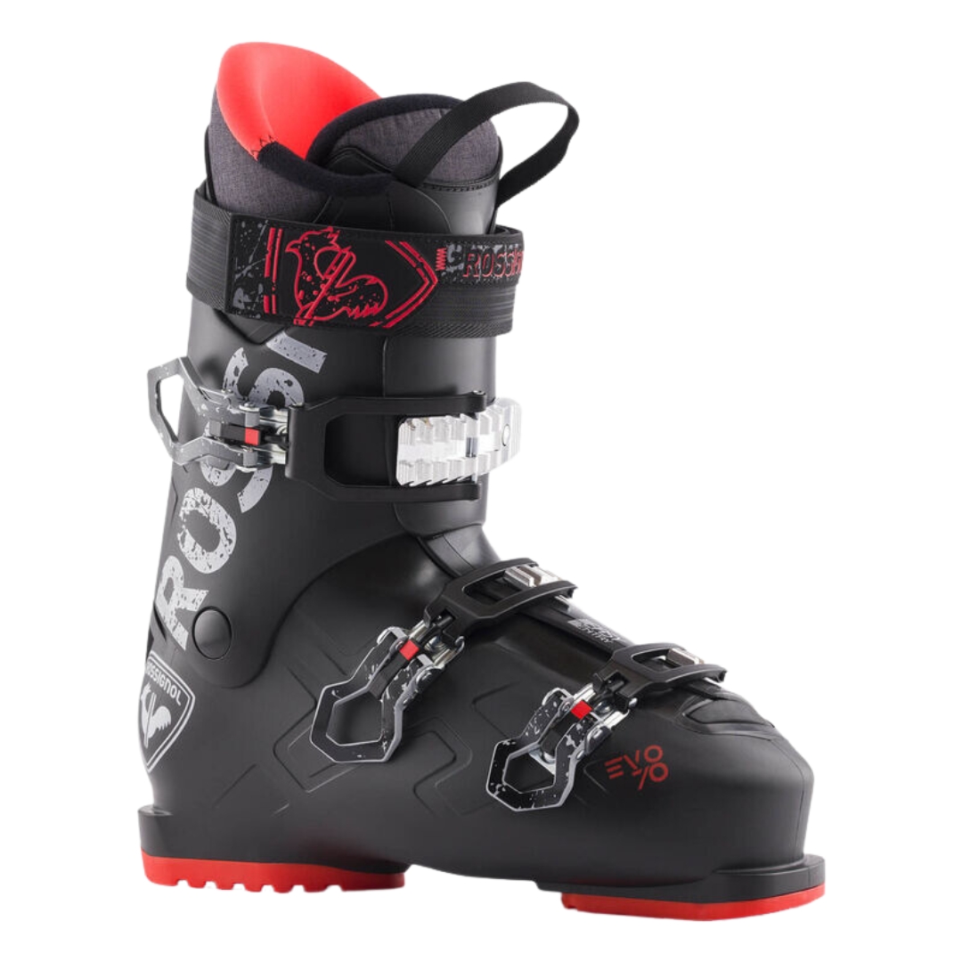 BOTTE DE SKI ALPIN ROSSIGNOL EVO 70 POUR HOMME couleur black vu de la botte droite noire et rouge de profil avant droit