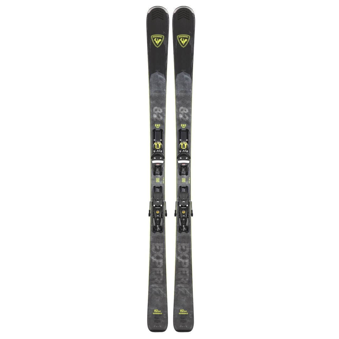 SKI ALPIN ROSSIGNOL EXPERIENCE 82 BSLT K POUR HOMME vu des ski gris et jaune de face avec les fixations