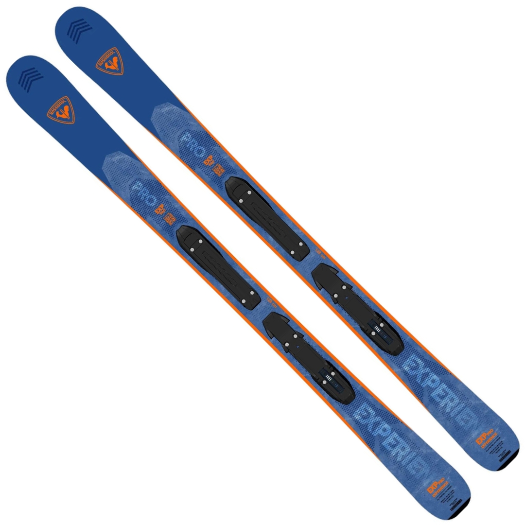 SKI ALPIN ROSSIGNOL EXPERIENCE PRO TEAM4 POUR ENFANT vu des skis bleus et oranges du dessus
