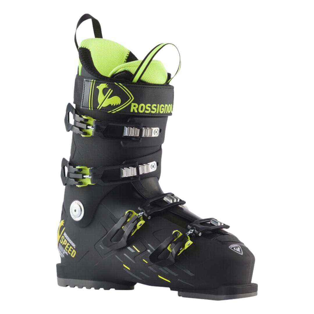 BOTTE DE SKI ALPIN ROSSIGNOL SPEED 100 HV+ POUR HOMME couleur black vu de la botte noire avec détails verts fluos de profil avant droit