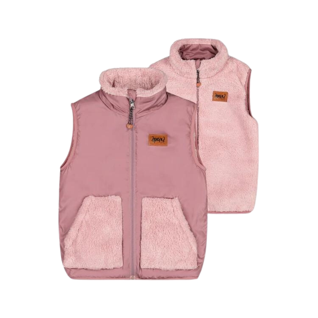 VESTE SANS MANCHES RÉVERSIBLE DEUX PAR DEUX POUR ENFANT couleur rose gray vu de la veste rose côté nylon et côté sherpa de face