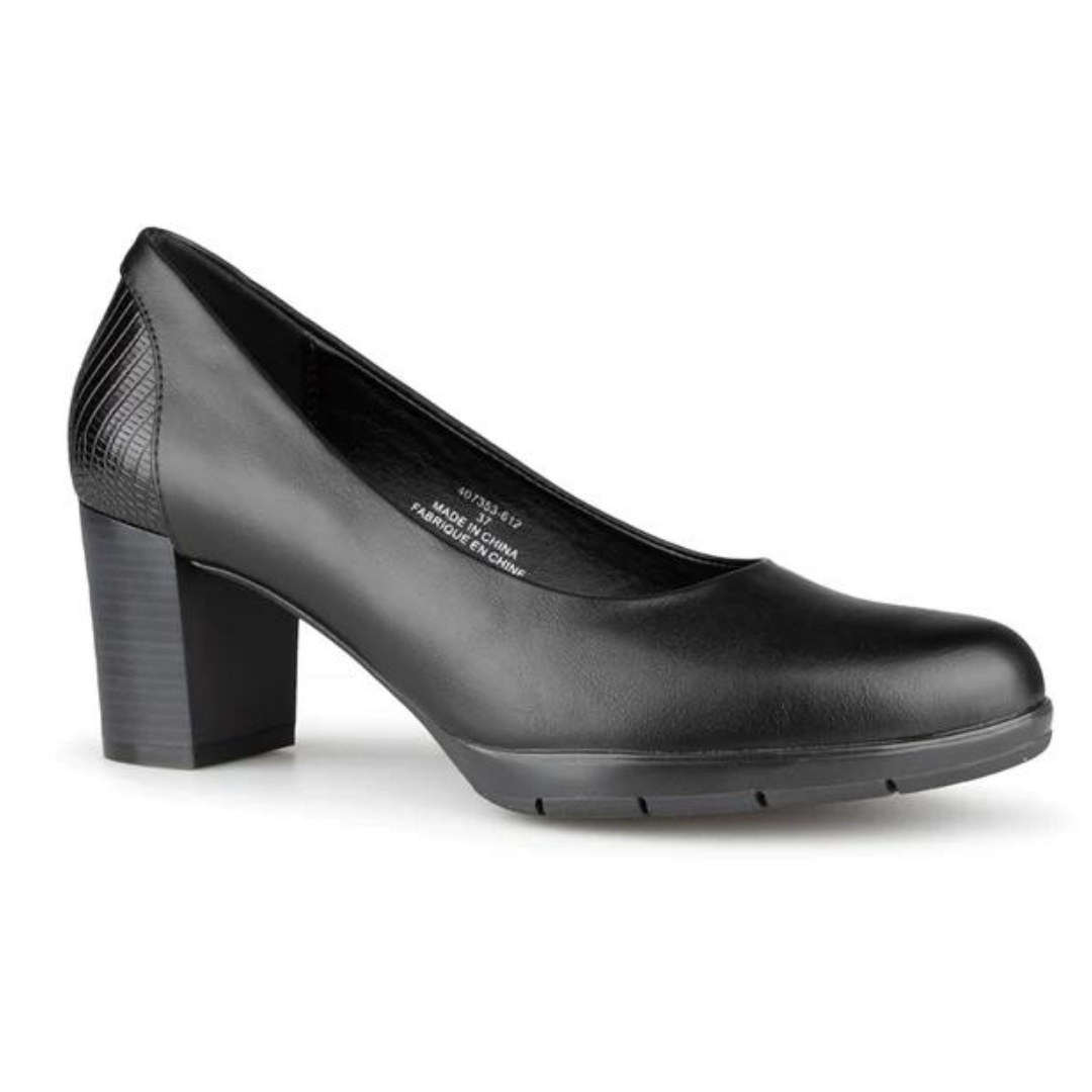 ESCARPIN À TALON ALBERTO LARANJA POUR FEMME couleur noir vu du soulier noir à 2 textures de profil droit