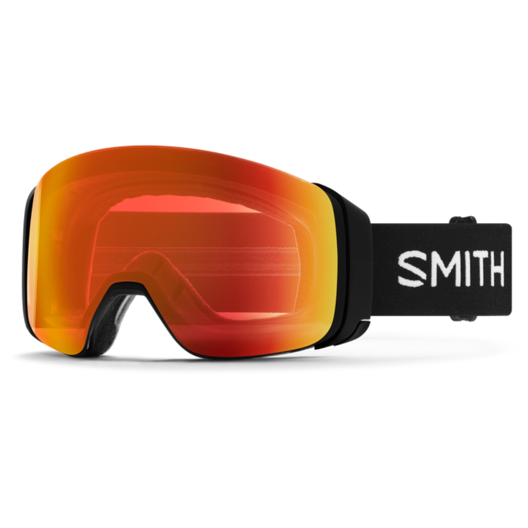 LUNETTE DE SKI ALPIN SMITH OPTICS 4D MAG POUR ADULTE couleur BLACK/CHROMAPOP EVERYDAY RED MIRROR vu de la lunette noire avec lentille rouge dégradée jaune miroir et bande élastiques noire lettrée blanche de profil avant gauche