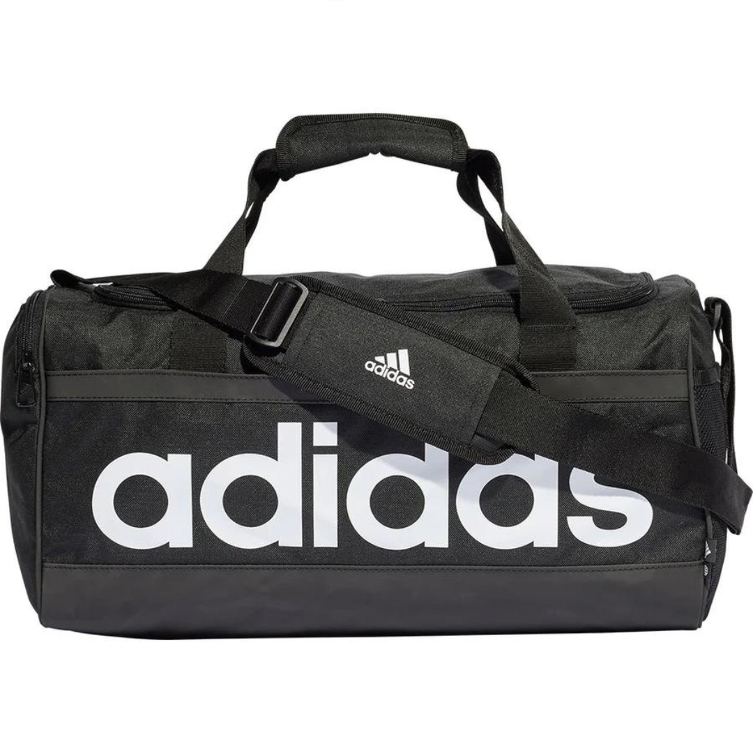 SAC DE SPORT ADIDAS LINEAR DUFFEL MEDIUM COULEUR NOIR VU DU SAC NOIR LETTRÉ BLANC VU DE FACE