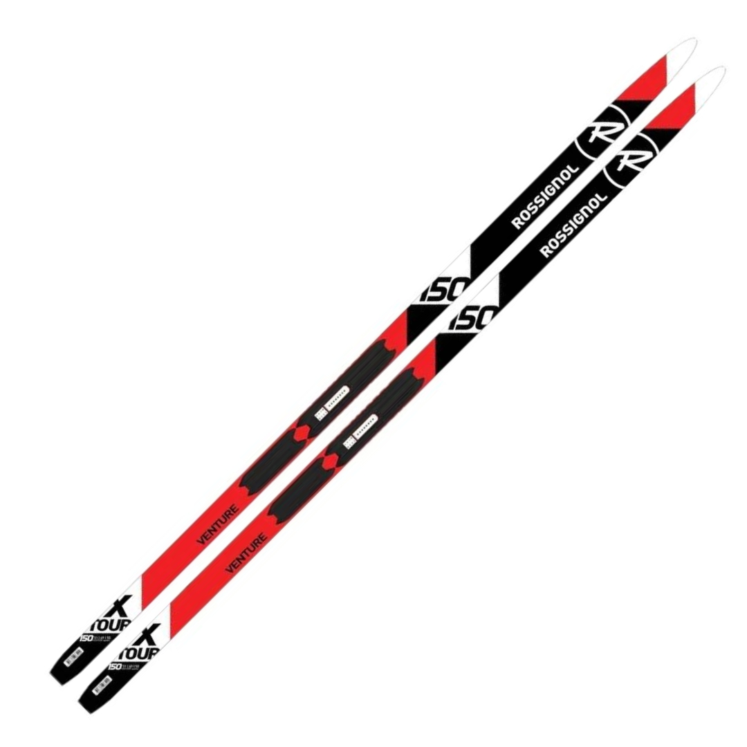 ENSEMBLE DE SKI DE FOND ET FIXATION ROSSIGNOL XT VENTURE JR / STEP-IN POUR JUNIOR vue des skis noirs, rouges et blancs du dessus